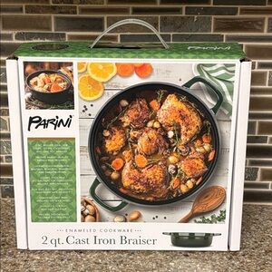 Parini Green Black 2 Quart Cast Iron Braiser Pan One Pot Dinners Stews Frying